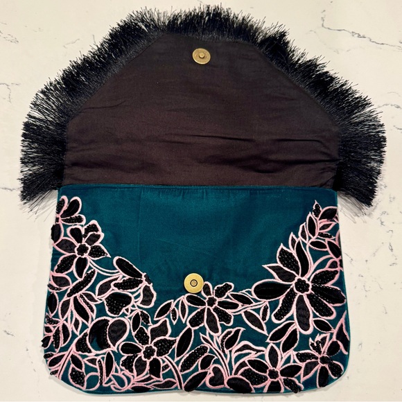 Anthropologie Medium Black, Pink and Green Floral Velvet Beaded Handbag NWT - Picture 4 of 12